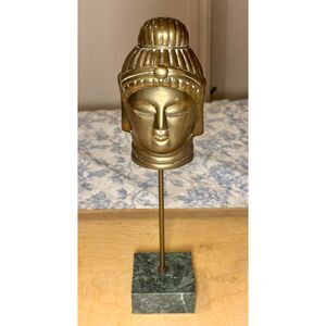 Vintage Brass Asian Enesco Mask On Stand Marble Base 1960s 13.5"=H